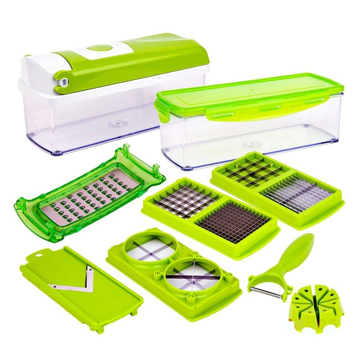Faintec Nicer Dicer Plus Multifunkciós szeletelő, gyümölcsök és zöldségek szeleteléséhez, reszeléséhez, tárolóedény mellékelve, 11 különböző vágási mód, műanyag/rozsdamentes acél, zöld
