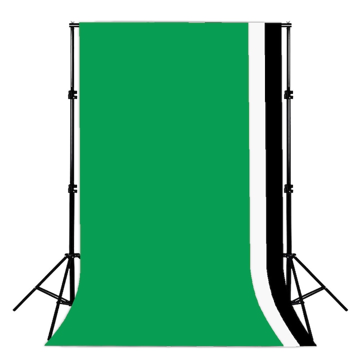 Fotóstúdió készlet, állvány 3 fehér/fekete/zöld háttérrel + hordtáska, 3 x 1,6 m-es háttér, 2 x 2 m-es állvány, 032-UK-FBA