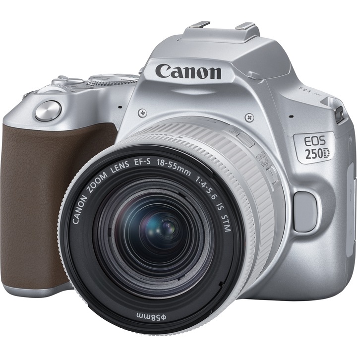 Canon EOS 250D DSLR fényképezőgép, 24,1 MP, Wi-Fi, ezüst + objektív EF-S 18-55 mm, f3,5-5,6 III