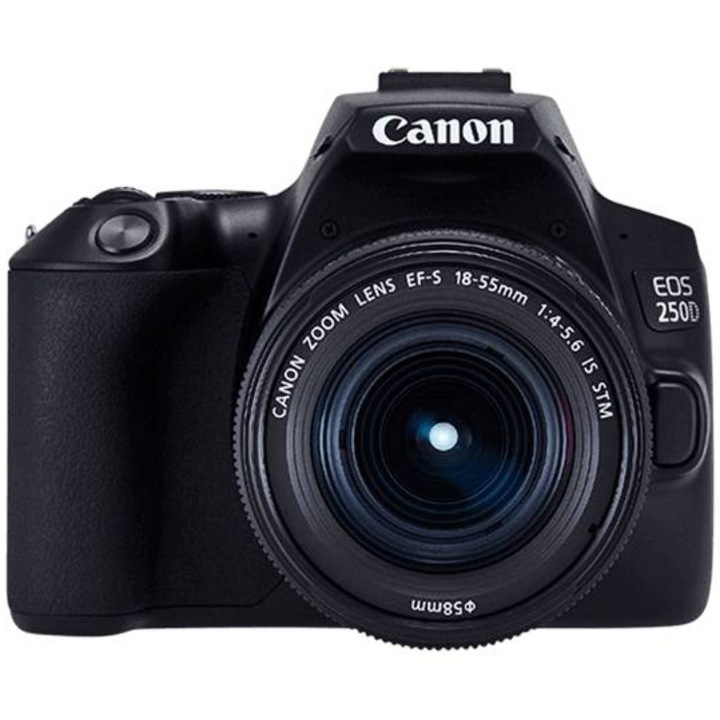 Canon EOS 250D DSLR fényképezőgép, 24,1 MP, Wi-Fi, 4K, fekete + 18-55 mm-es EF-S objektív, f / 3,5-5,6 III