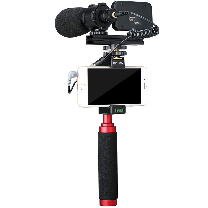 Mouriv stabilizátor készlet, 60Hz-18kHz mikrofon, LED, távvezérlés, 2,2" - 3,6" széles, 3,5 mm-es jack, fekete