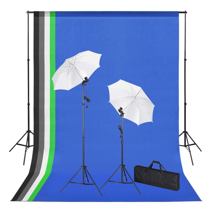 Fotóstúdió készlet háttérrel, lámpákkal és esernyőkkel, vidaXL, 1,6 x 3 m