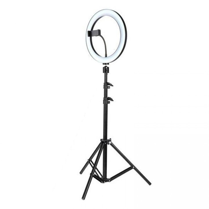 Ring Light kör alakú lámpa, átmérőjű 13 hüvelykes LED, 3 fénymód, 10 beállítási fokozat, 3 telefontartó, szelfi távirányító, 210 cm-es állvány, Urban Trends ®