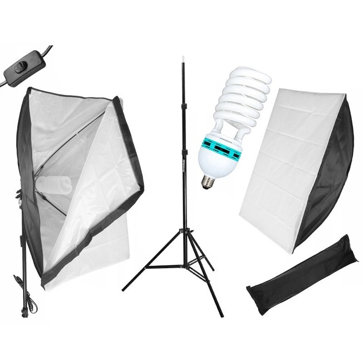 Softbox folyamatos fényű lámpakészlet 50x70 cm, kivehető diffúzor és teleszkópos állvány 72-230cm, 65W 325W izzó Fotóstúdióhoz vagy Videochathez