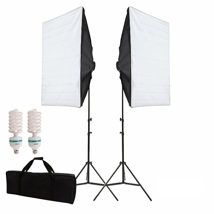 AbestStudio lámpa készlet, 2 x 2 m-es állvány, 2 x Softbox diffúzor burkolattal, 2 x 135W 5500k nappali izzó, hordtáskával
