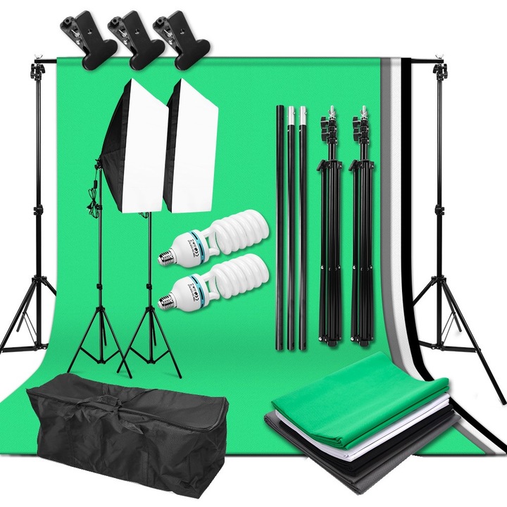 AbestStudio fotóstúdió készlet, 2 x Softbox, 4 x többszínű háttér, 2 x 135W 5500K izzó, 3 x bilincs, hordozó táska