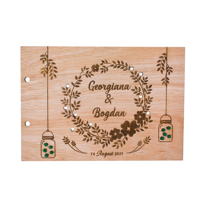 IMK esküvői fotóalbum, személyre szabott, fa, GuestBook, Lámpás, 30x21 cm
