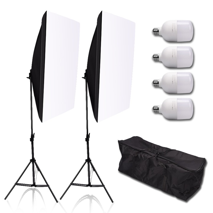 2 db-os softbox és tartó AbestStudio készlet, 50 * 70cm, E27, 2m, 4 izzó, fedél, fekete