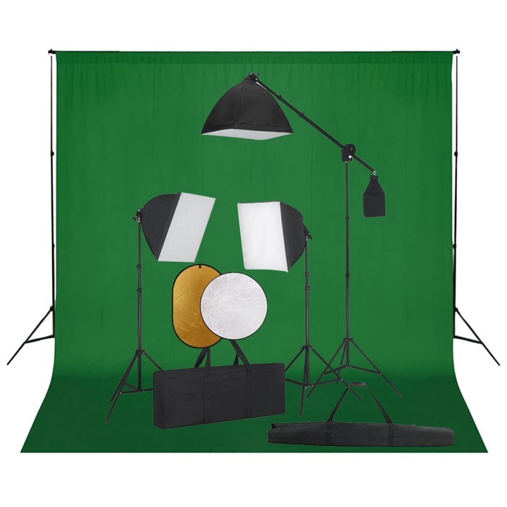 Studio kit softbox háttérvilágítás és reflektor, vidaXL, alumínium, 300 x 300 cm, fekete/zöld háttér