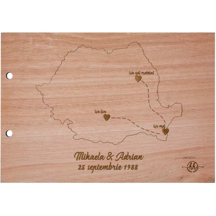 IMK GuestBook HH826 esküvői fotóalbum, A4, egyedi, fa, Románia térkép