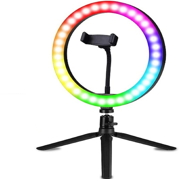 RGB LED professzionális smink körlámpa, fotók, szelfi támogatás, LED kerülete 26 cm/10 hüvelyk, USB csatlakozás, telefontartó, kamera, asztali állvánnyal és távirányítóval