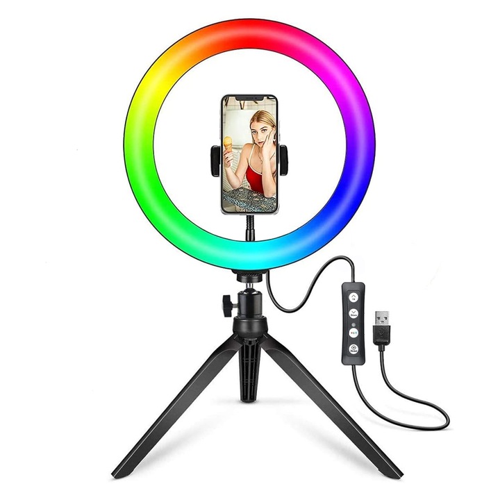 Kör alakú gyűrűs lámpa RGB Zenino - átmérő 26 cm/10 hüvelyk, LED, állvány 20 cm, telefontartó, fényjátékok, 10 beállítási fokozat, többszínű