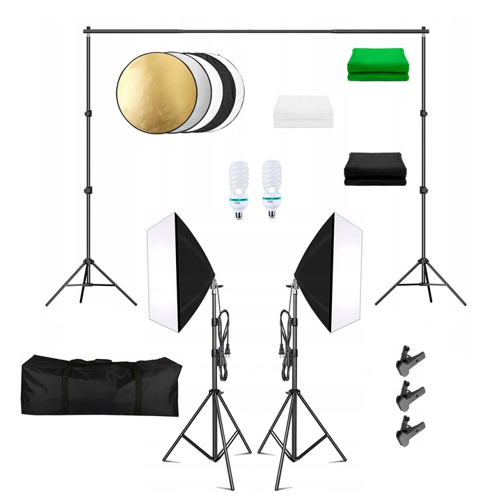 Szett 3x fotó háttér 2x 135 W-os izzó 2x Softbox 4x állvány, zöld/fehér/fekete