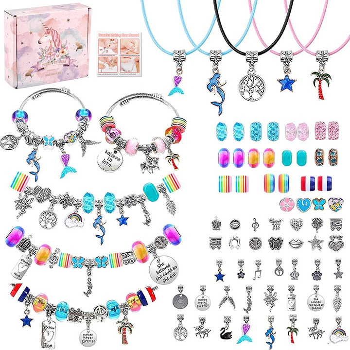 Pandora Charms Charms karkötőkészítő készlet, ékszerkiegészítők, gyöngyök, állítható lánckarkötők, nyakláncok, fémből és üvegből, 73 alkatrész
