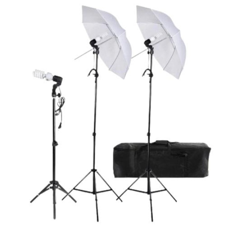 2 db szórt fényű stúdió esernyő, szállítótáska, mini állvány 80 cm, 3 db 40 W-os led izzó és két állványtartó 80-200 cm.