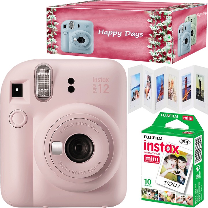 Fujifilm Instax mini 12 azonnali kamerakészlet, Blossom Pink 10 filmmel, harmonika kerettel és Happy Days dobozzal