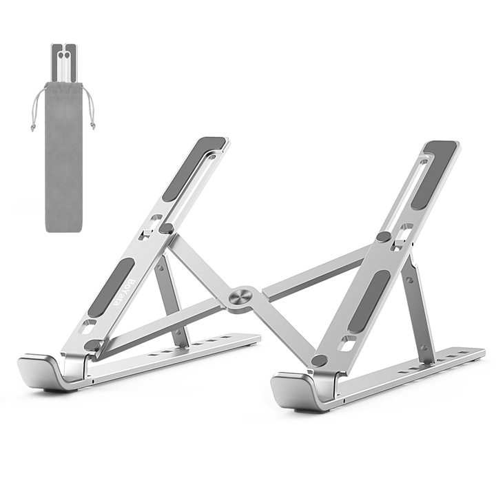BoYata hordozható laptopállvány, állítható magasságú, ergonómikus, összecsukható, 10-15,6 hüvelykes laptopokkal kompatibilis, ezüst