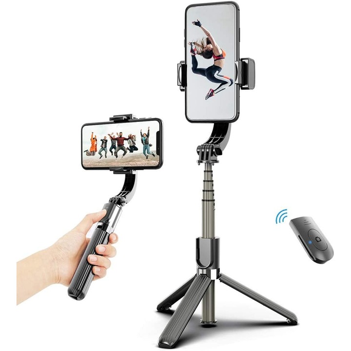 Telefonstabilizátor L 08, Aurov®, Távirányító, Selfie stick, Állvány, Android/iOS rendszerrel kompatibilis, 86 cm, Fekete