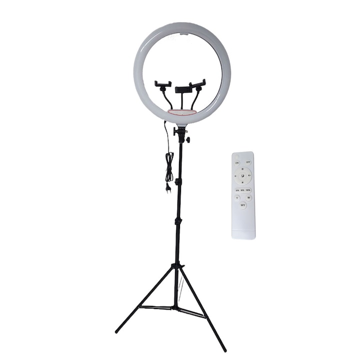 Professzionális körlámpa RING LIGHT LED, NEXTLY, érintésvezérlés, átmérő 45cm, 18inch, meleg/hideg/semleges fény, 10 világítási fokozat, 3 telefontartó, távirányító, állvány 210cm
