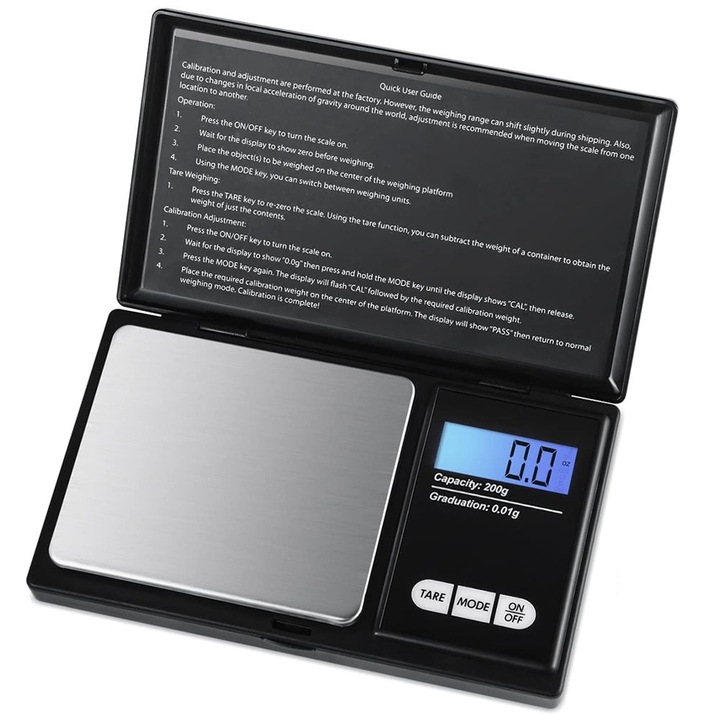 Ékszermérleg, Welora®, Nagy pontosság 0,1-500 g között, AUTO/Alvó mód/Tara funkció, Méretek 125 x 75 x 20 mm, Prémium minőség, Fekete