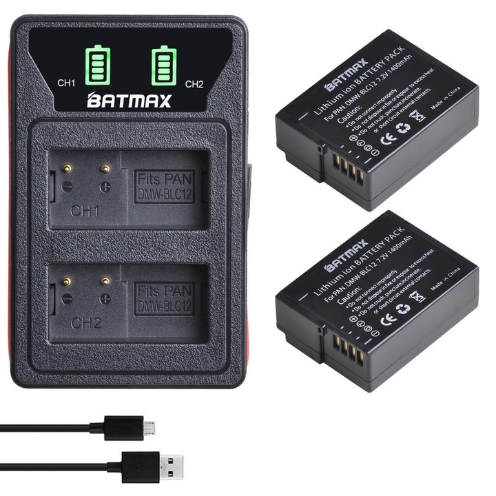 2 db akkumulátor készlet DMW-BLC12 + dupla töltő kompatibilis Panasonic Lumix G5 G6 G7 GH2 GX8 G70 G80 G81 G85 G90 G95 FZ200 FZ300 FZ1000 FZ2000 2500 Leica V-Lux
