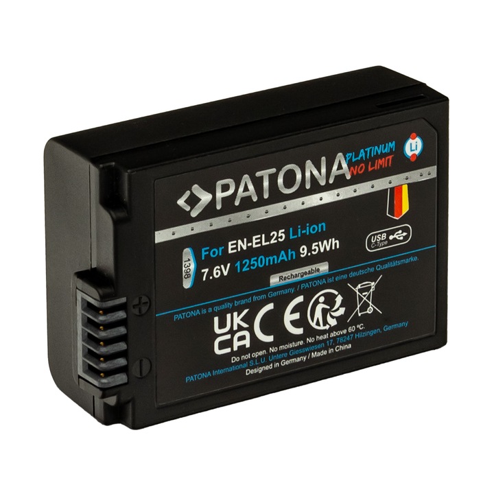Patona Platinum EN-EL25 akkumulátor, 1250 mAh, töltő USB-C port, Nikon Zfc, Z50, Z30
