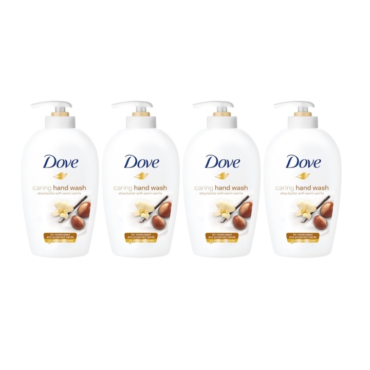 4 db Dove Caring kézmosó, Shea vajjal, meleg vaníliás folyékony szappannal 250 ml-es készlet, Hatékony tisztítás, hidratálás, frissesség érzet