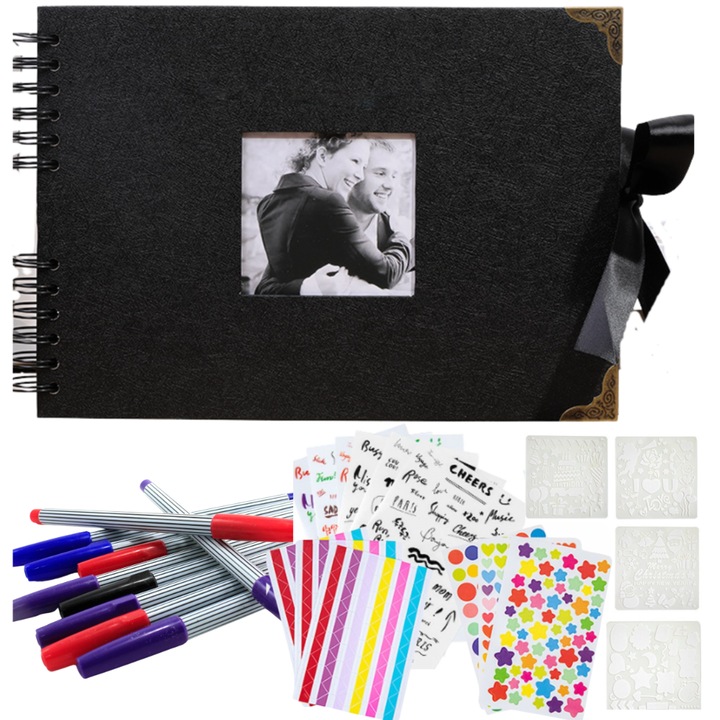 Kreatív fotóalbum készlet, scrapbooking, barkács memóriakönyv, A4, 30x210cm, fekete, műbőr