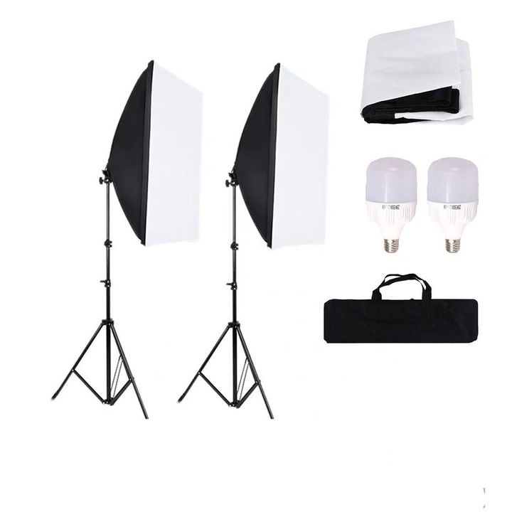 Letauar, 2 db softbox lámpa készlet burkolattal és izzóval, 2 x 150 W, 50 x 70 cm, 2 kg, 6500 000, Szállítótáska, Professzionális szett fotózáshoz, fekete