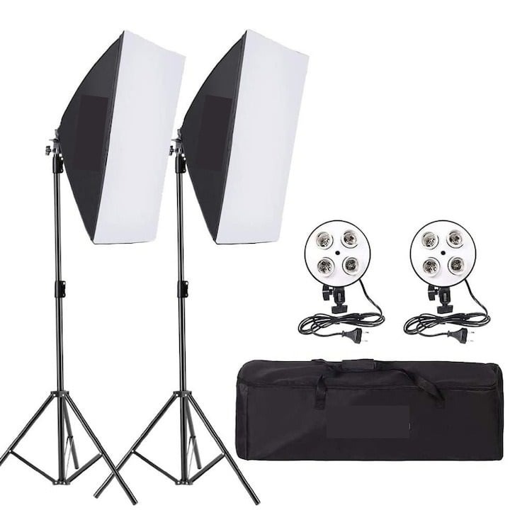 Fotóstúdió készlet, 2 db softbox lámpa, foglalat 4 db E27 izzóhoz, 200 cm-es állvány + szállítótáska, Dactilion®