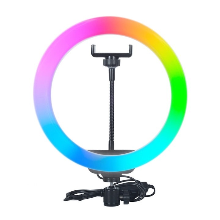 Körkörös LED lámpa, átmérő 26 cm, RGB, állvány 200 cm, bluetooth távirányító telefonhoz, Dactylion®
