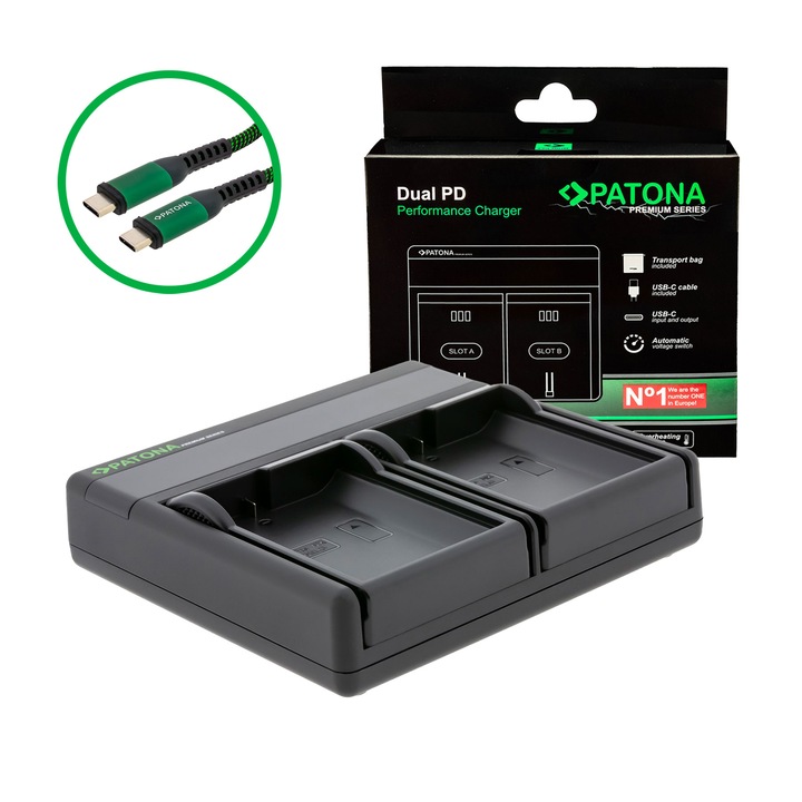 Patona Premium Dual PD Performance gyorstöltő, Nikon EN-EL15-höz, Powerbank funkció, USB-C kábellel