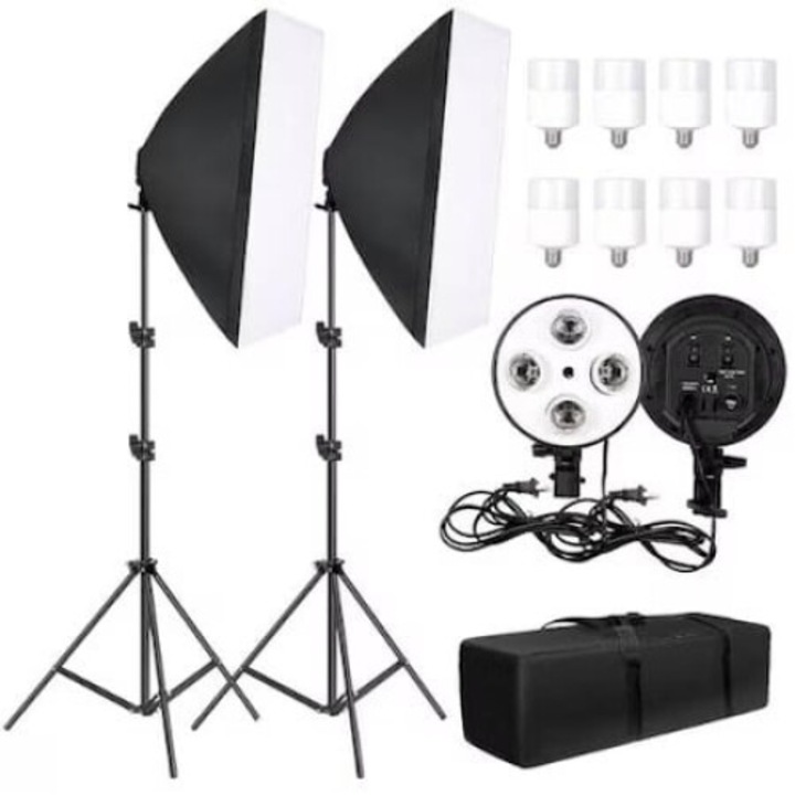 2 db softbox készlet, 4 db izzó foglalat, 2 db 200 cm-es állítható állvány, 8 db 20 W-os LED izzó, szállítótáska mellékelve, Dactylion