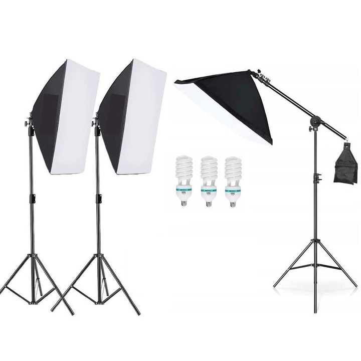 3 db softbox készlet állítható daruval, 3 db 200 cm-es állítható állvány, 3 db 85 W-os izzó, Dactylion®