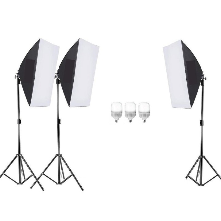 3 db softbox készlet, 3 db 200 cm-es állítható állvány, 3 db 25 W-os LED izzó, Dactylion