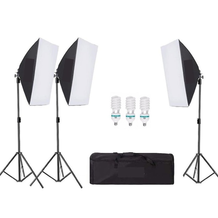 3 db softbox készlet, 3 db 200 cm-es állítható állvány, 3 db 150 W-os izzó, szállítótáska mellékelve, Dactylion®