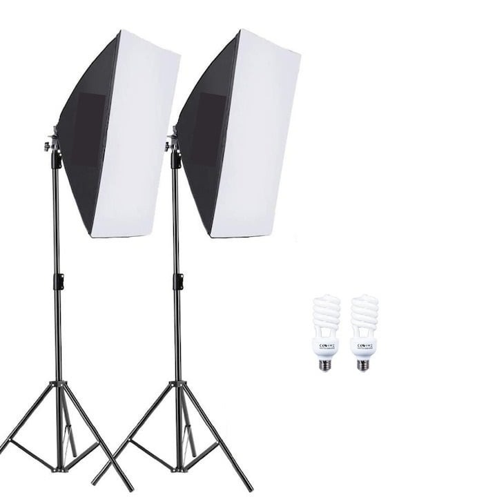Dactylion készlet, 2 db softboxot, 2 db 200 cm-es állítható állványt, 2 db 45 W-os izzót tartalmaz