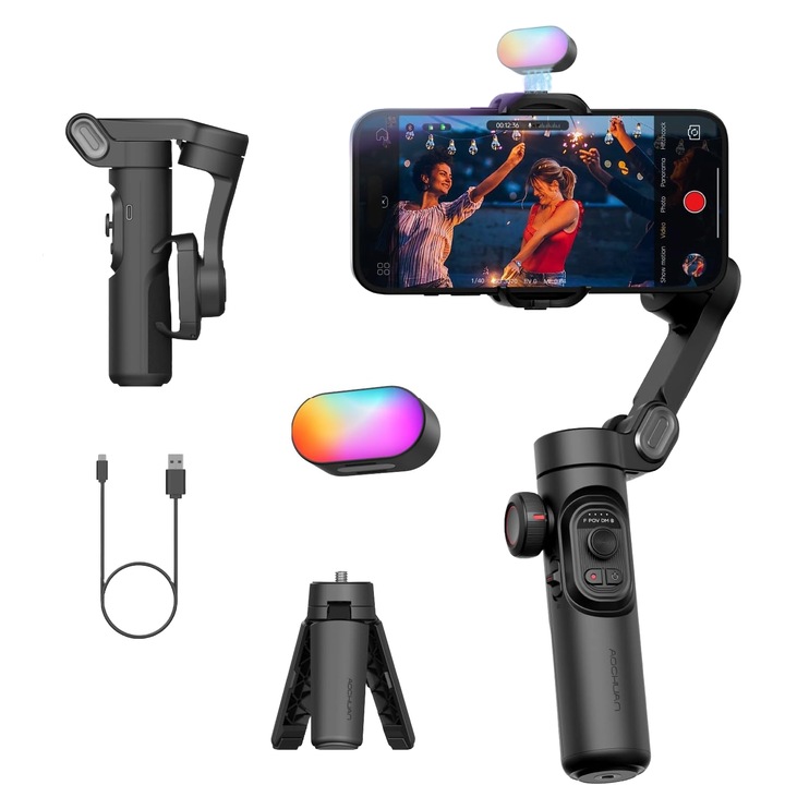 Smart XE Kit képstabilizáló rendszer, 3 tengelyes gimbal és mágneses RGB folyamatos fény, arckövető funkció, test- és tárgykövetés, gesztusvezérlés, fókuszvezérlés, állvány mellékelve