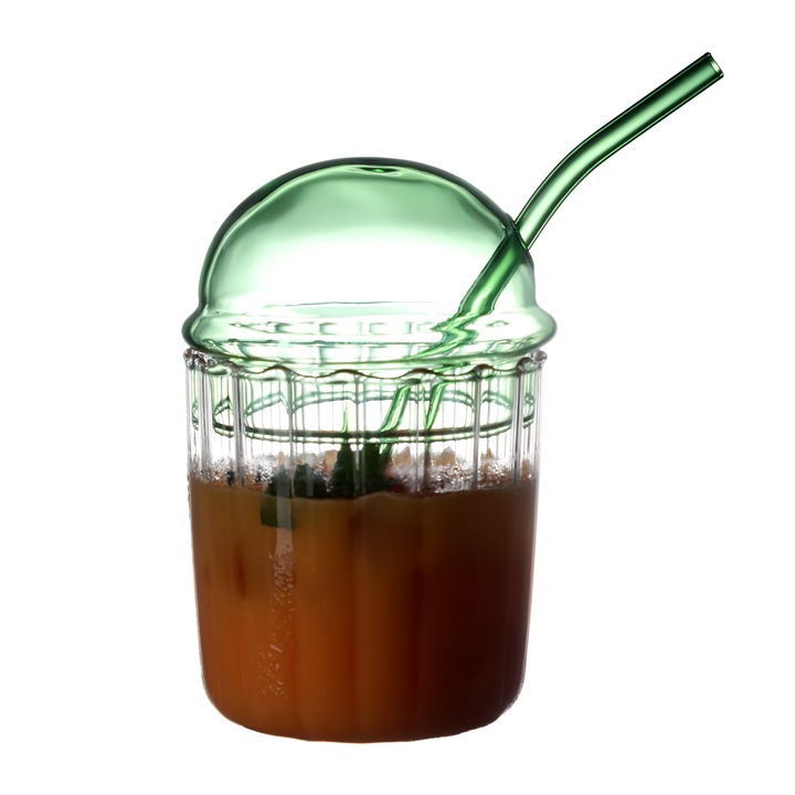 Tejes teáspohár, üveg, fedővel és szívószállal, 450 ml, 9 x 14 cm, zöld