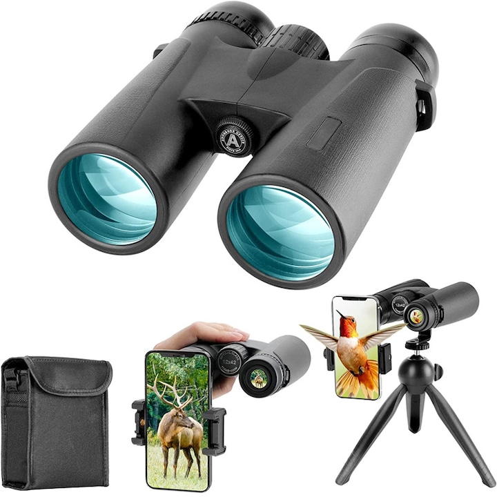 Távcső 12x42, Dytimeem, E332, okostelefonnal és állvánnyal, hordtáskával, mikroszálas kendővel, prémium Prism BAK4 lencsékkel, HD fókuszú képpel, madárlesre, vadászatra, utazásra