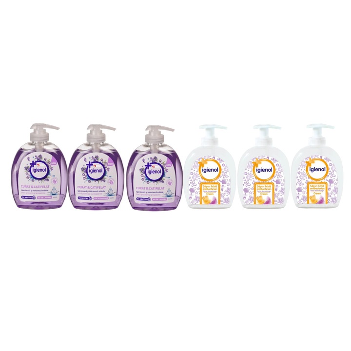 Igienol Variety univerzális tisztító készlet, 3 db Pump folyékony szappan 300 ml levendula, 3 db pumpás folyékony szappan 300 ml Krém, gyors és hatékony, bőrgyógyászatilag tesztelt, hosszan tartó frissesség, megszünteti a kellemetlen szagokat