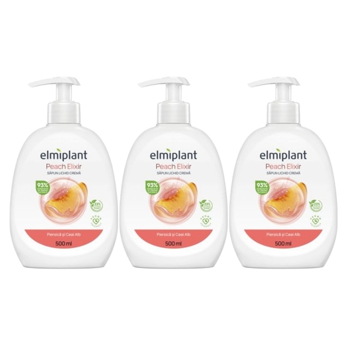 3x Pump folyékony szappan Elmiplant 150ml Barack elixír készlet, hidratáló, egész nap friss, intenzív friss illat, élénkítő, hosszantartó frissesség, parabénmentes, revitalizáló hatás