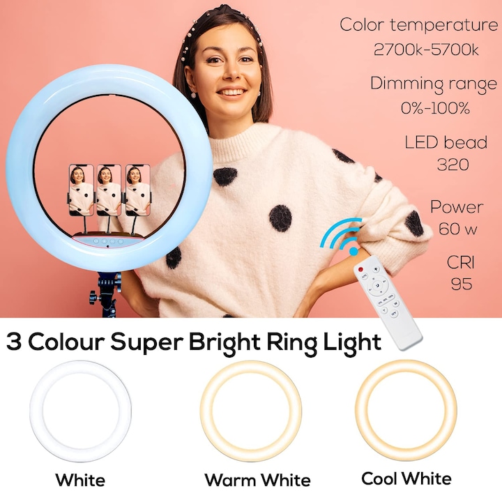 Ring Light LED 56cm/22inch, 3 fénymód, 10 beállítási fokozat, 3 telefontartó, szelfi távirányító, 210cm-es állvány tartalmazza