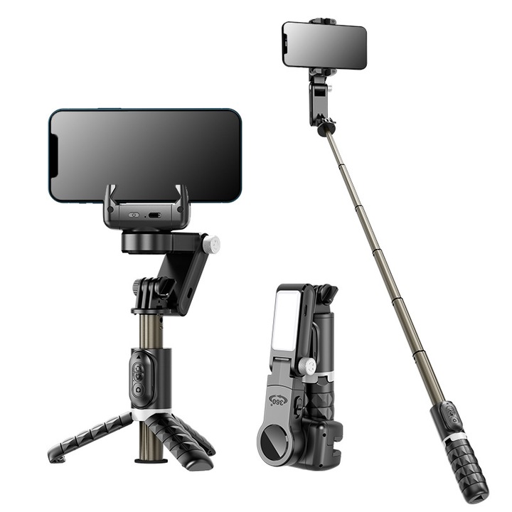 Képstabilizátor, AI arcfelismerés, gesztusvezérlés, rázkódásgátló, 360°-os elforgatás, beépített kitöltő lámpa, Bluetooth távirányító, fekete