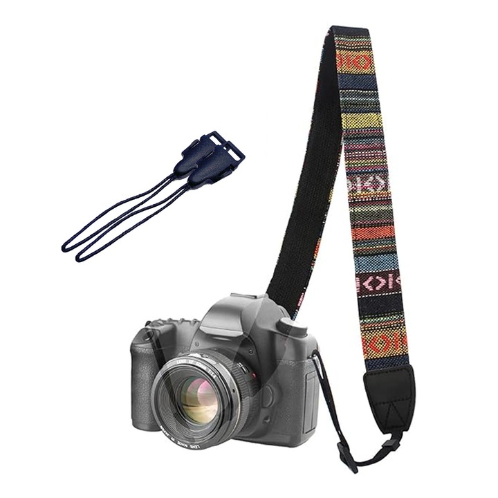 Canon, Nikon, Sony, Fuji fényképezőgép vállpánt, Vintage, SINBINTA, 2 csattal, Könnyen felszerelhető, Állítható, Ergonomikus kialakítás, Maximális súly 3 kg, Pamut/PU bőr, 140 x 3,8 cm, Többszínű
