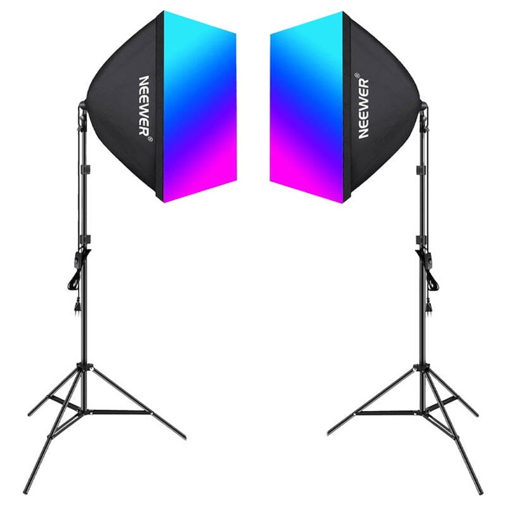 2 db-os softbox készlet stúdióvilágításhoz állvánnyal, Neewer NK800, LED RGB, intelligens vezérlés, 2700-6500K, 61x61cm, Fekete