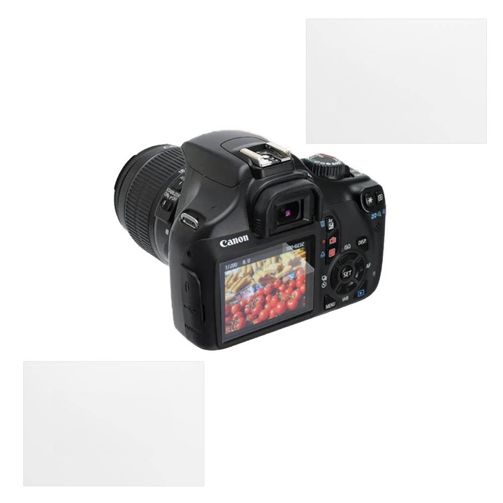 Canon EOS 1100D-vel kompatibilis védőkészlet, COMMANDO Focus Shield, 2 ellenálló szilikonfólia a képernyőhöz, tükröződésmentes, karcolásgátló, regenerálható tulajdonságok, ujjlenyomat-védelem, egyszerű felhordás, átlátszó szürke