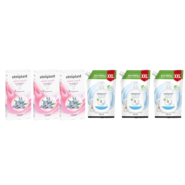 Elmiplant testápoló készlet 6 db komponens, 3 db Reserve folyékony szappan 750 ml Cotton Fresh, 3 db arcszőrtelenítő csík 20 db Velvet Touch, hatékony tisztítás, intenzív hidratálás, könnyű felvitel, megelőzi az irritációt, bőrgyógyászatilag tesztelt