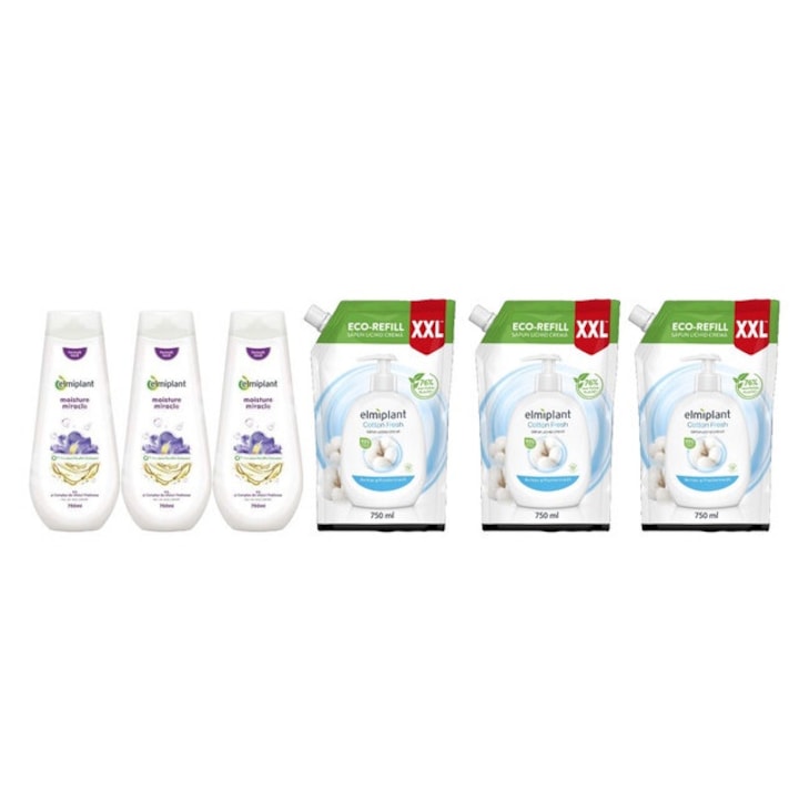 Elmiplant testápoló szett 6 db komponens, 3 db krémes tusfürdő 750 ml Moisture Miracle, 3 db Reserve folyékony szappan 750 ml pamut Friss, hatékony tisztítás, intenzív hidratálás, könnyű felvitel, megelőzi az irritációt, bőrgyógyászatilag tesztelt