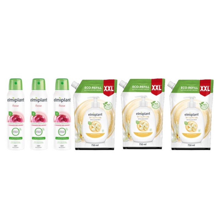 Elmiplant testápoló készlet 6 db komponens, 3 db dezodor spray 150 ml rózsa, 3 db Reserve folyékony szappan 750 ml fehér szirmok, hatékony tisztítás, intenzív hidratálás, könnyű felvitel, megelőzi az irritációt, bőrgyógyászatilag tesztelt